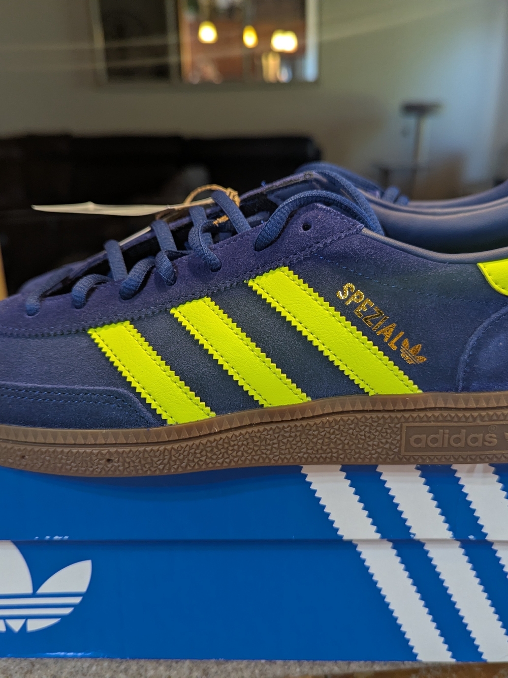 adidas Spezial Men’s Suede Sneakers — Navy with Volt Stripes